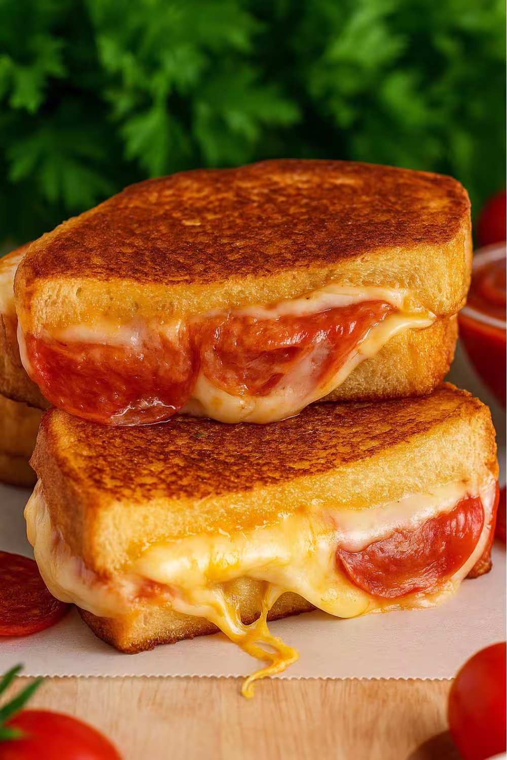 Golden grilled cheese sandwich filled with melty mozzarella, pepperoni, and marinara.