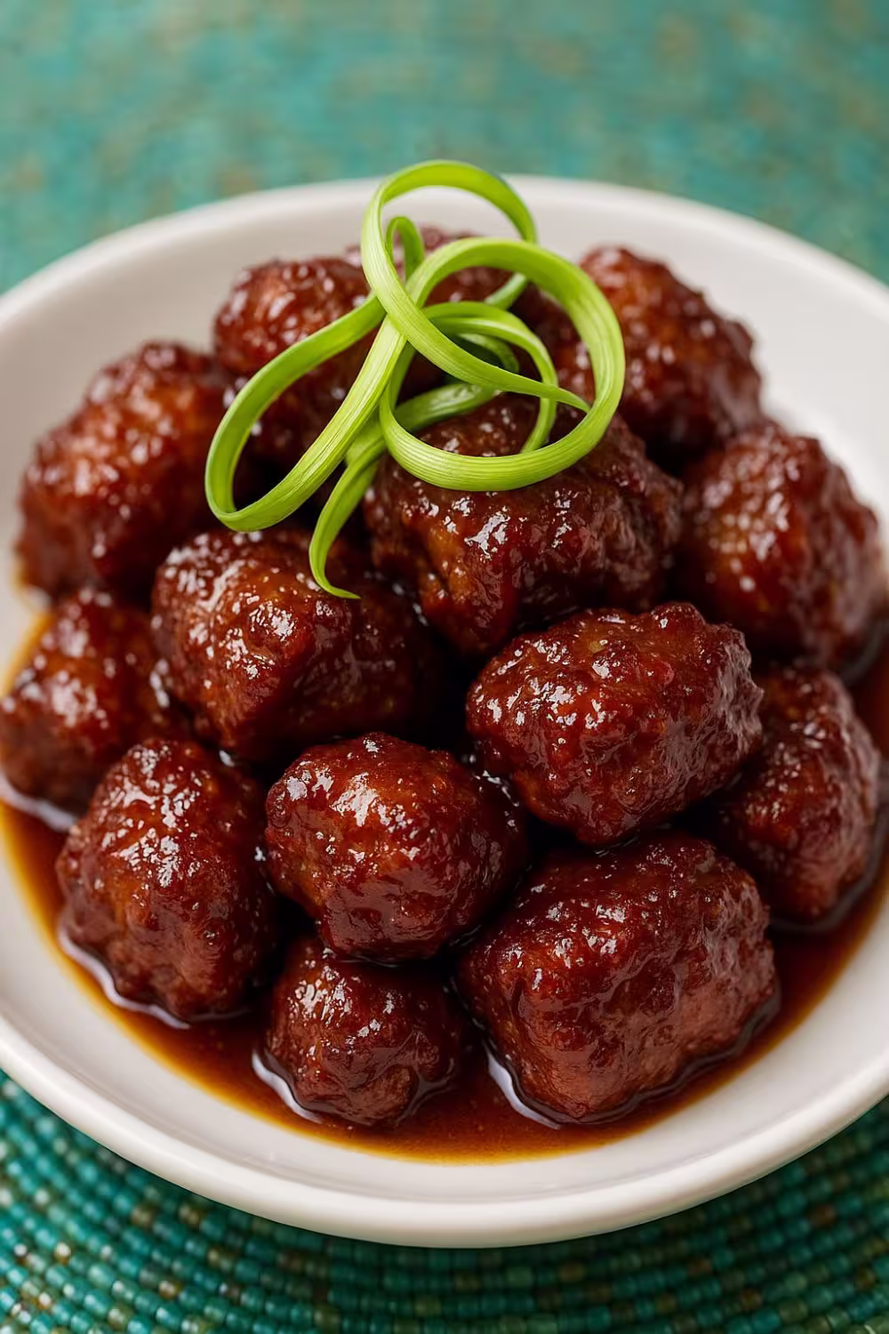 Close-up of crispy Chinese honey garlic chicken meatballs garnished with green onion curls in a white bowl.