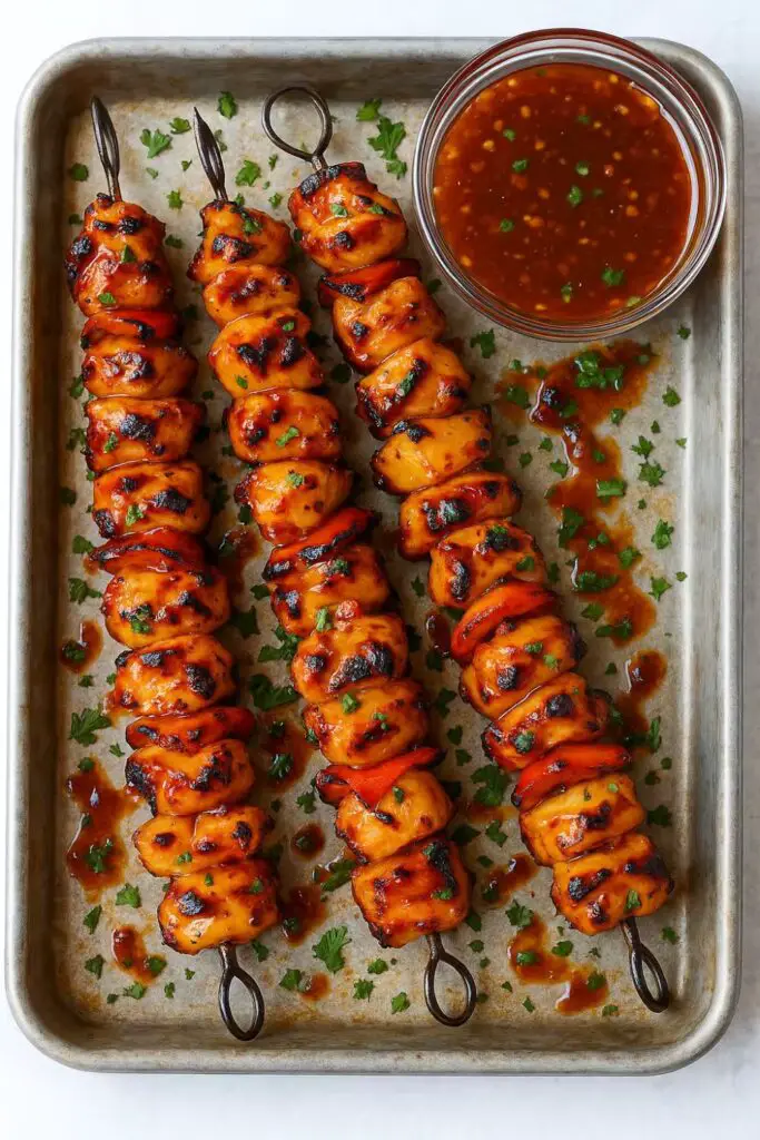 Grilled BBQ pineapple chicken kabobs served on metal skewers, garnished with fresh parsley, with a side of tangy barbecue sauce.