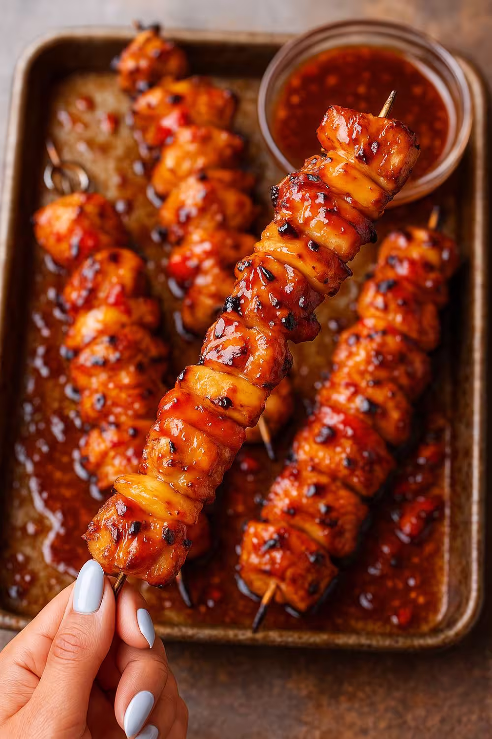 Grilled BBQ pineapple chicken kabobs on wooden skewers, glazed with a tangy barbecue sauce and served on a baking tray.