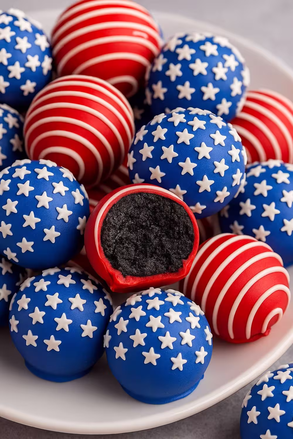 Patriotic Oreo Balls coated in red, white, and blue chocolate, decorated with stars and stripes.