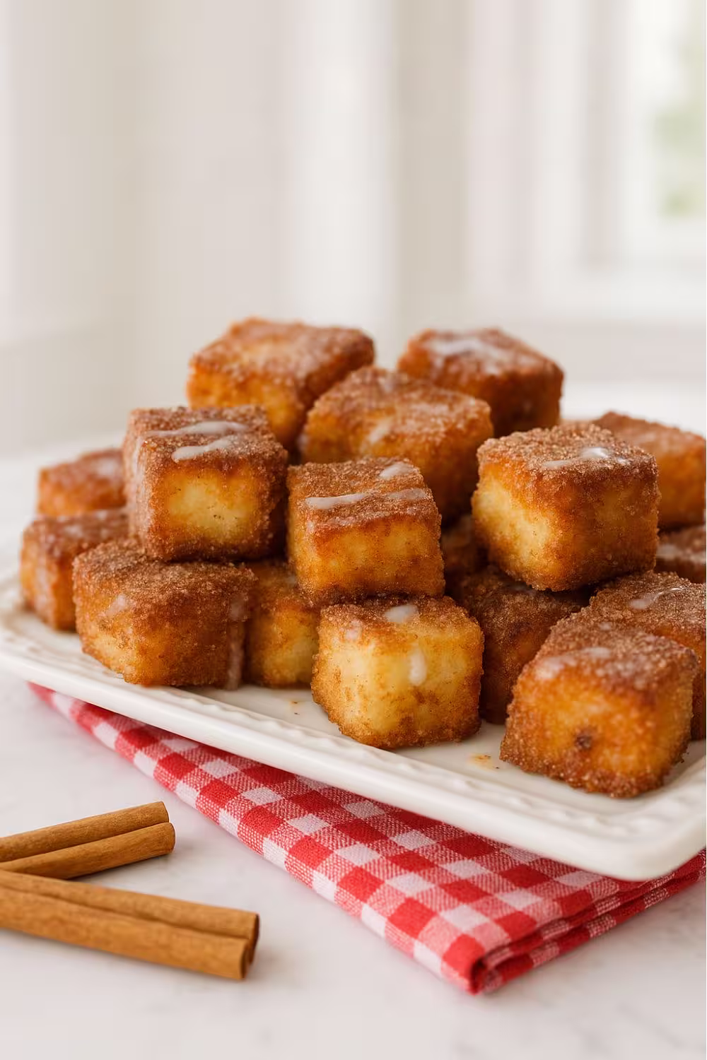 Pile of cinnamon-sugar-coated churro bites drizzled with a light glaze.