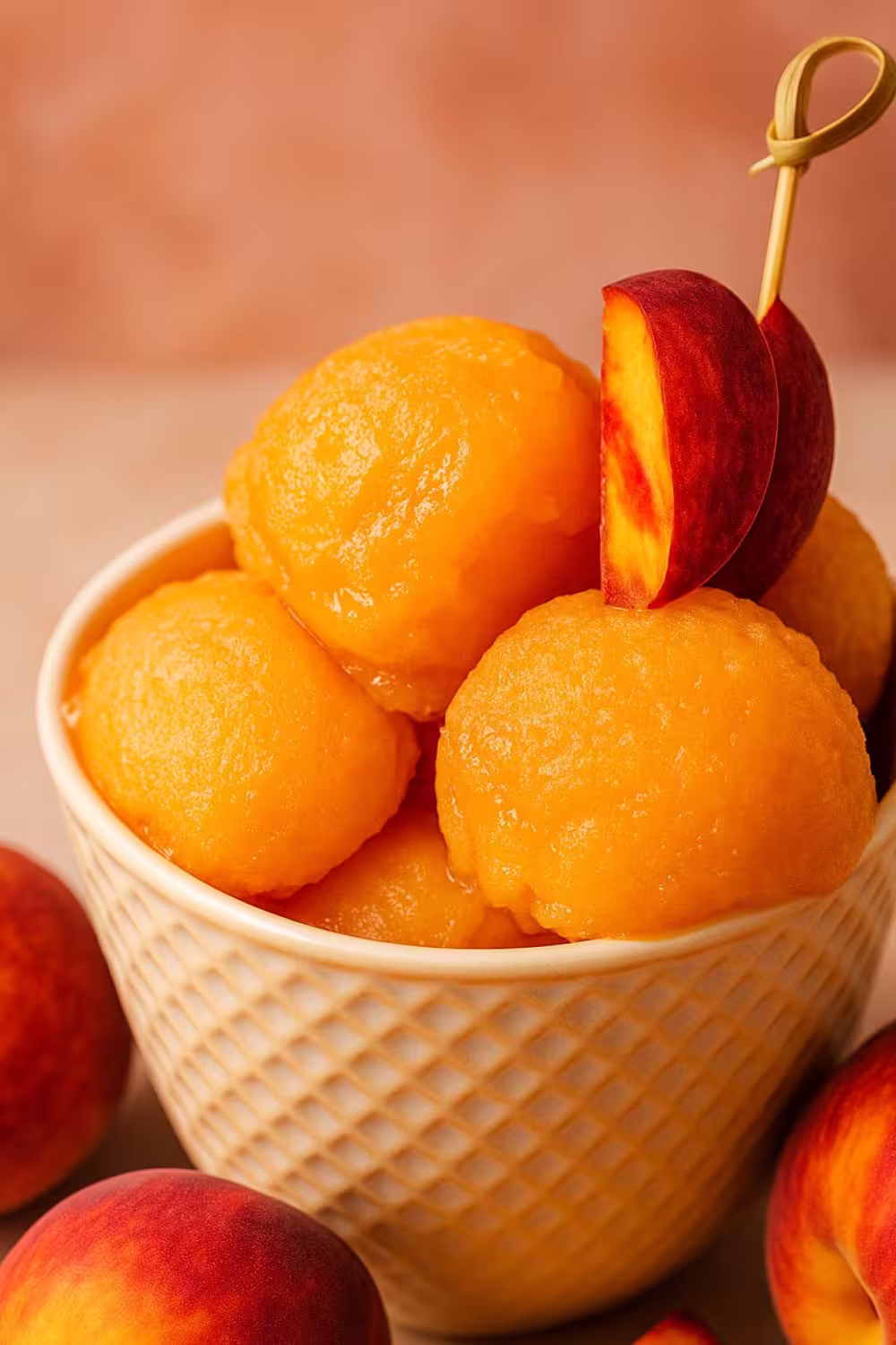 Creamy peach sorbet scoops served in a textured bowl, garnished with a fresh peach slice.