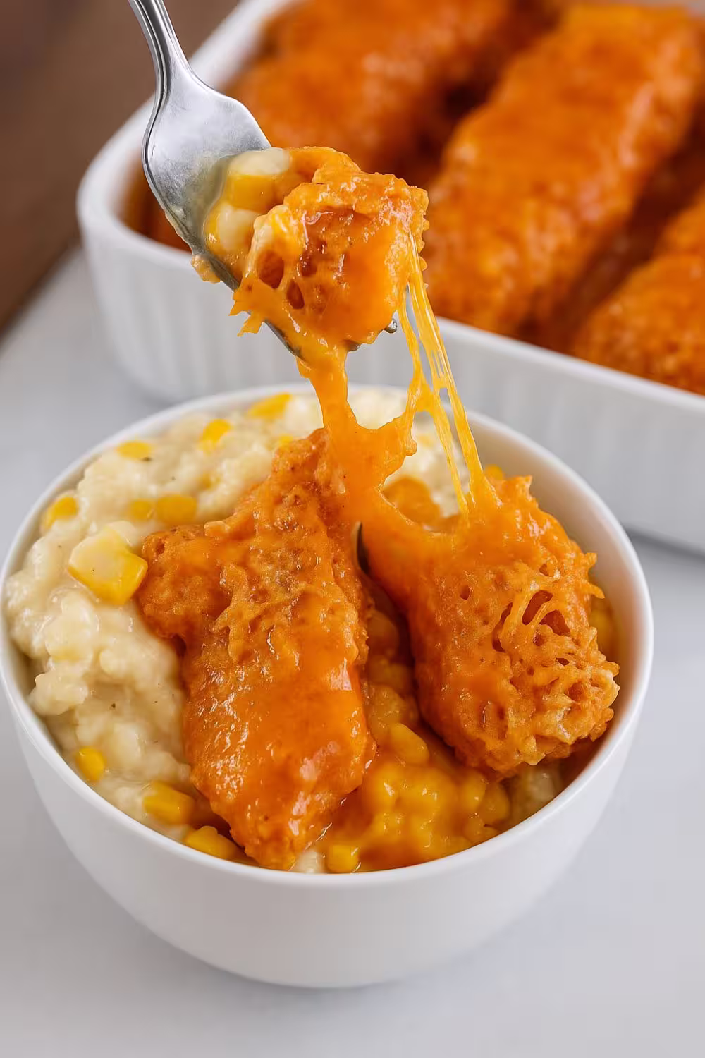 KFC Bowls A cheesy chicken tender being lifted from a bowl of creamy mashed potatoes and corn with a fork.