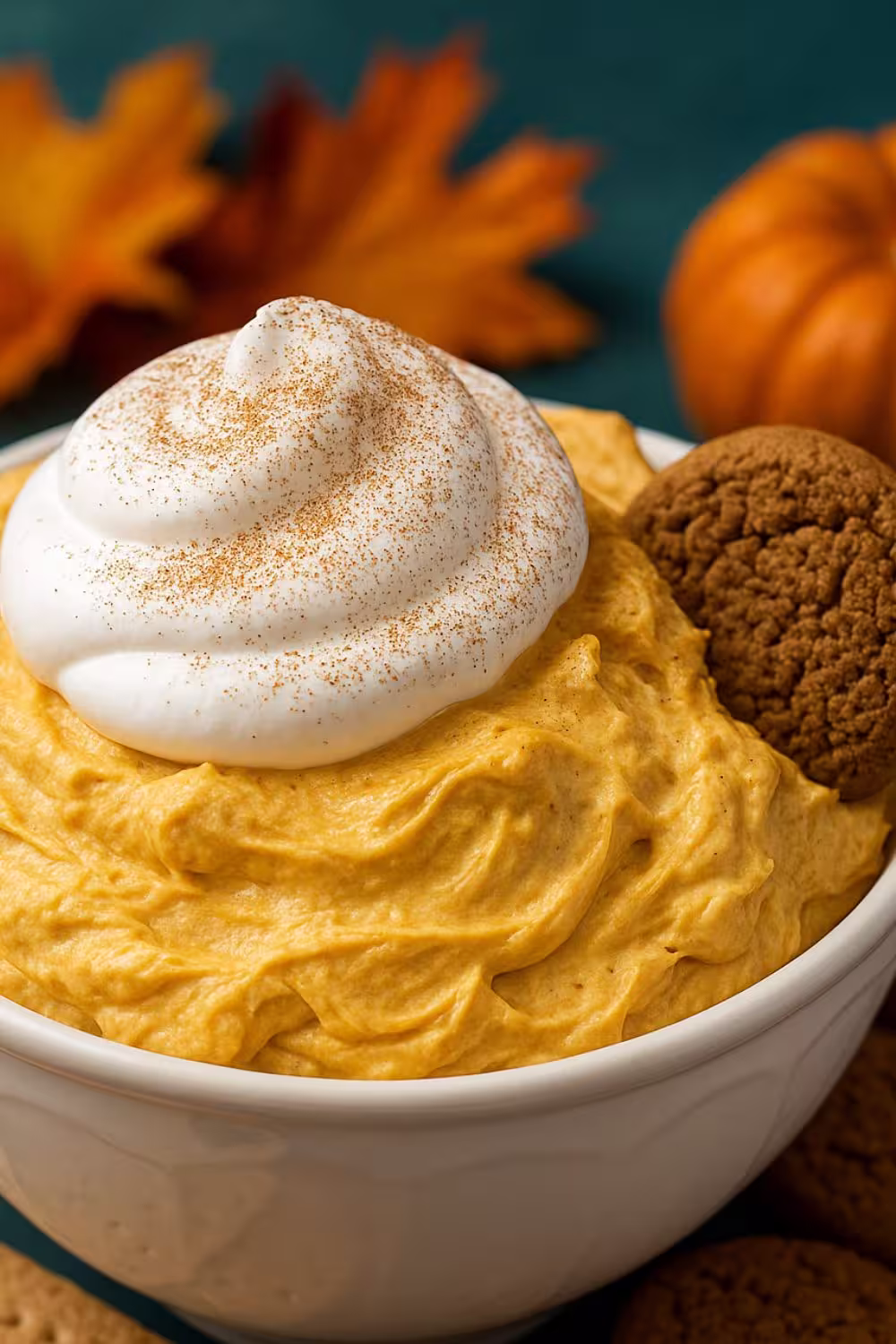 A bowl of creamy pumpkin fluff topped with whipped cream and cinnamon, served with gingersnap cookies.