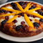 Traditional Chinese Ba Bao Fan (Eight Treasures Rice Pudding) topped with dried fruits and fresh mango slices.