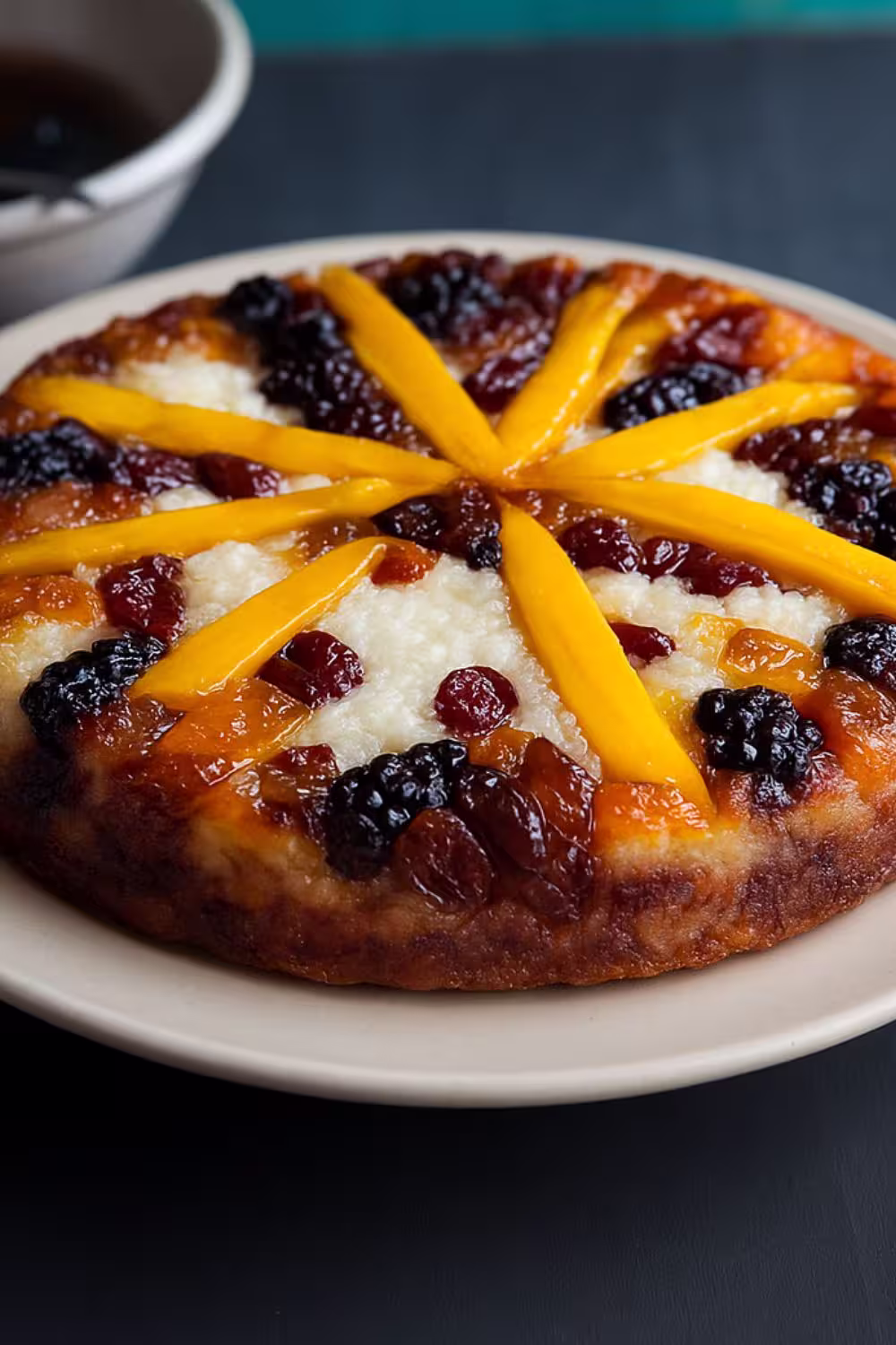 Traditional Chinese Ba Bao Fan (Eight Treasures Rice Pudding) topped with dried fruits and fresh mango slices.