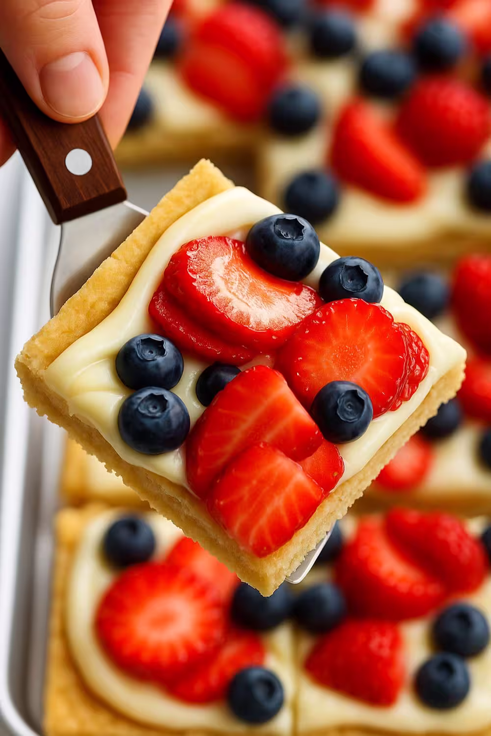 A square slice of fruit pizza topped with fresh strawberries, blueberries, and creamy frosting on a golden cookie crust, held on a spatula.