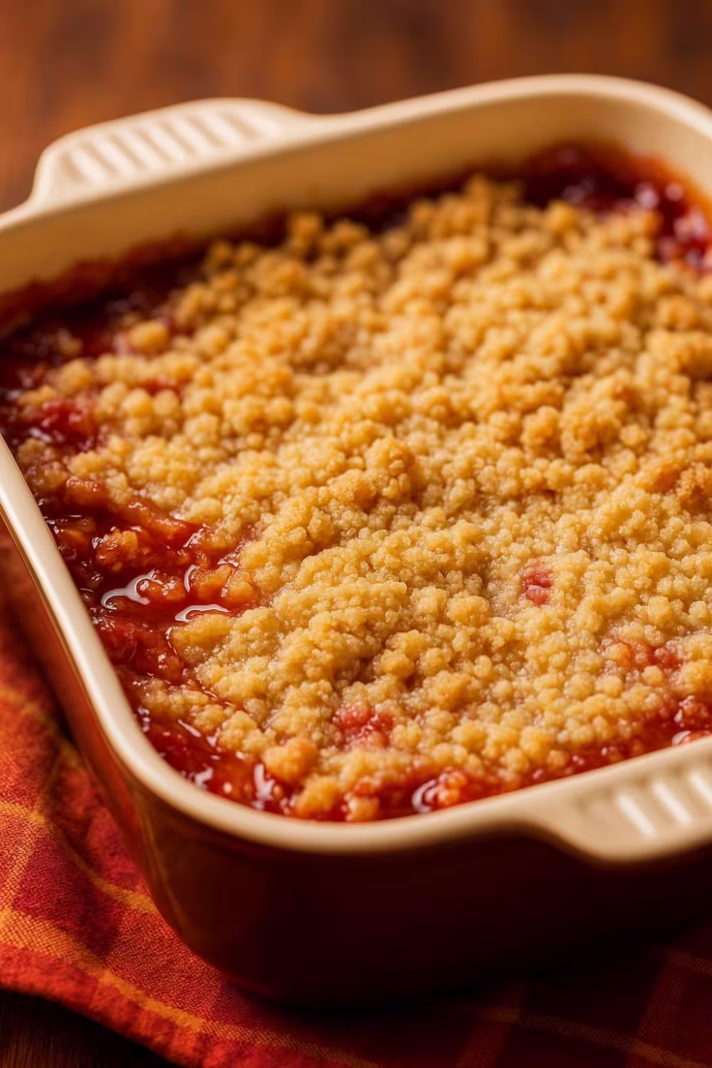 Golden-brown crumble topping over a bubbling strawberry and rhubarb filling, served in a rustic baking dish.