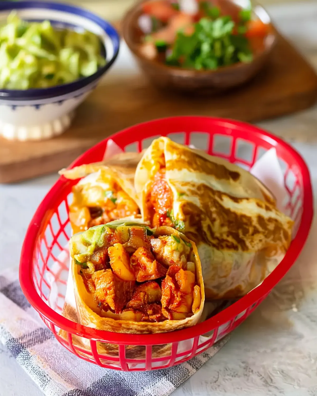 Close-up of an al pastor burrito cut in half, filled with marinated pork, pineapple, onions, and guacamole.