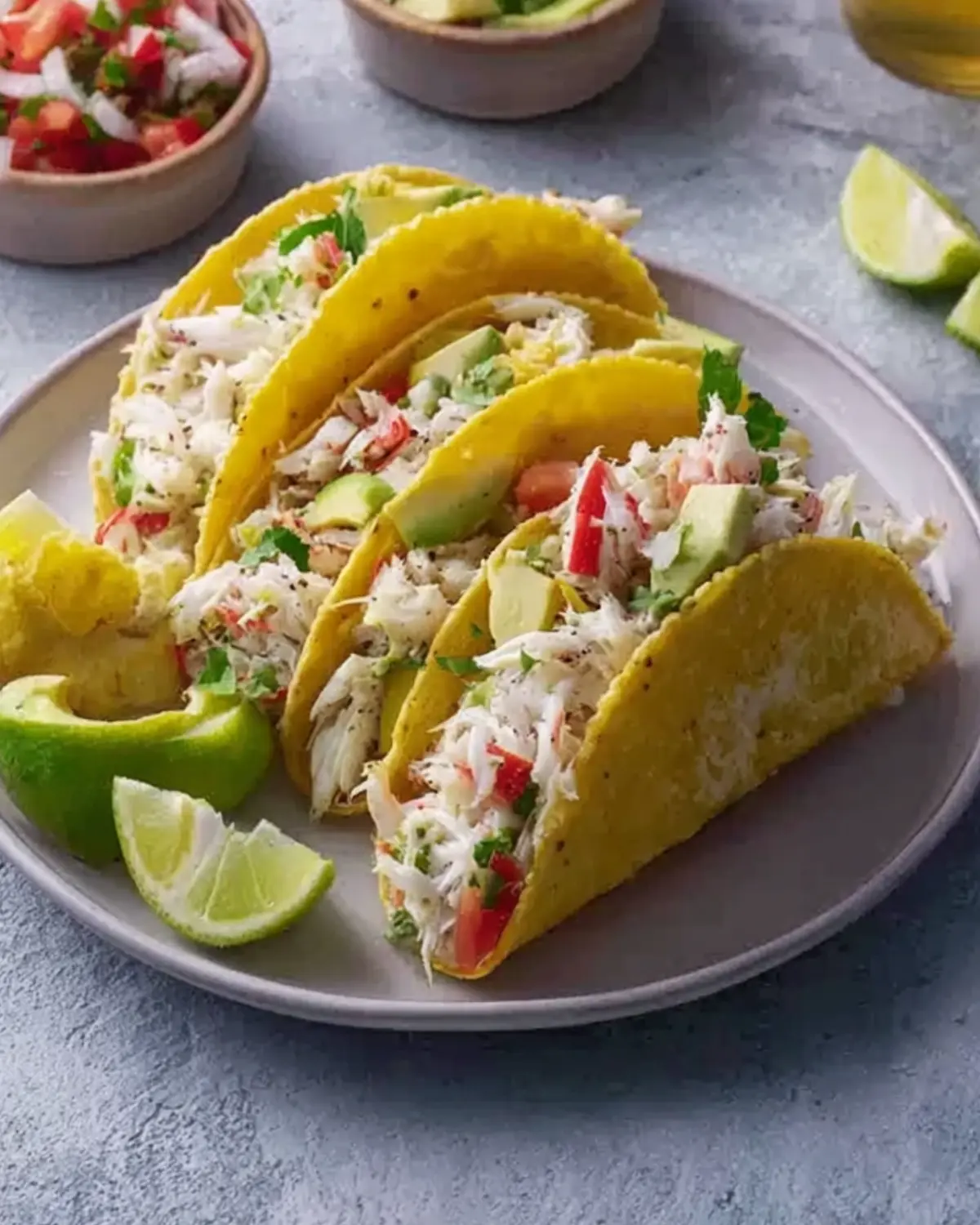 Crab meat tacos recipe served in yellow taco shells with shredded crab, diced avocado, tomatoes, and cilantro, accompanied by lime wedges and fresh toppings.