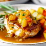 Apple chutney pork chops served with golden-brown sauce and diced vegetables on a ceramic plate.