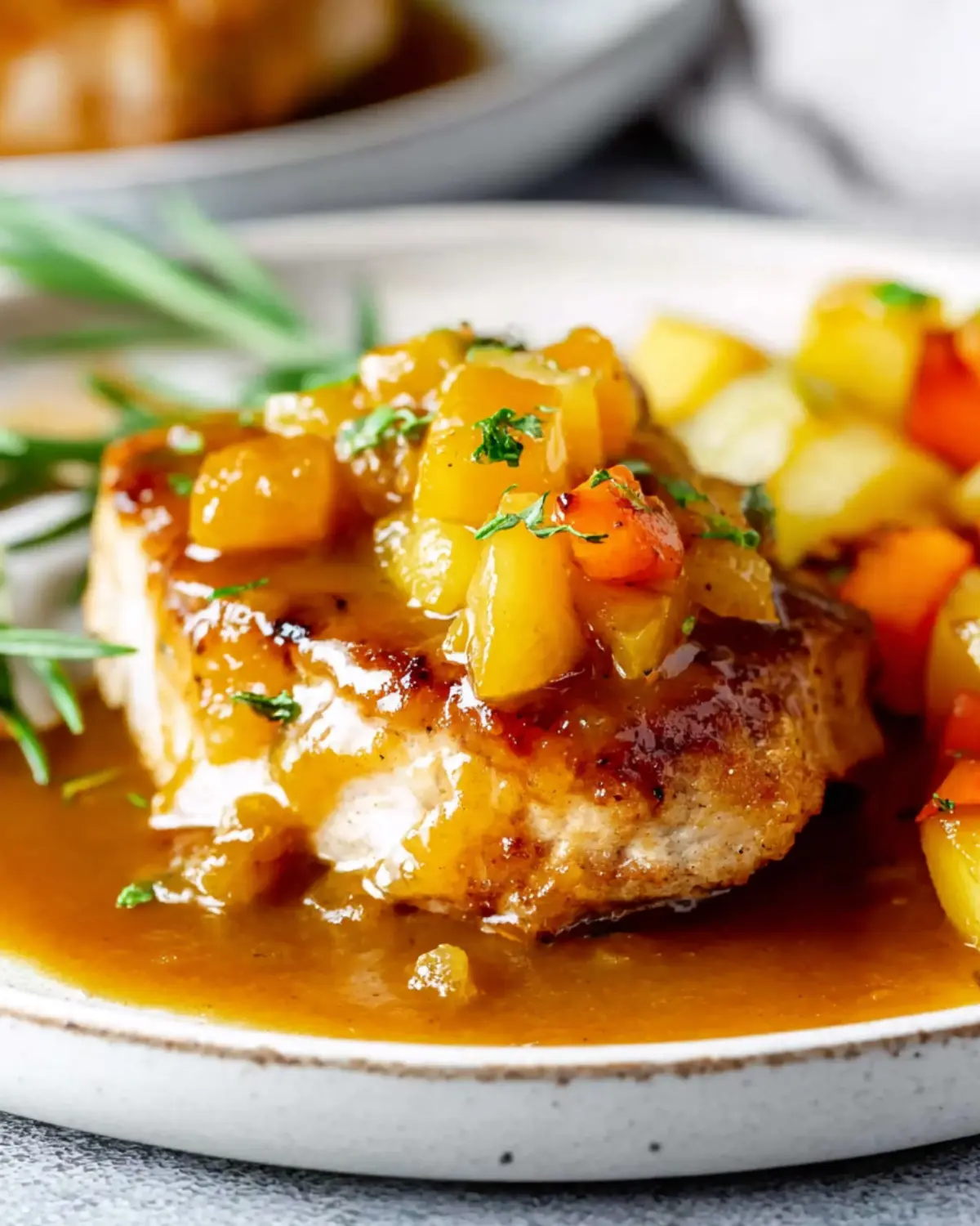 Apple chutney pork chops served with golden-brown sauce and diced vegetables on a ceramic plate.
