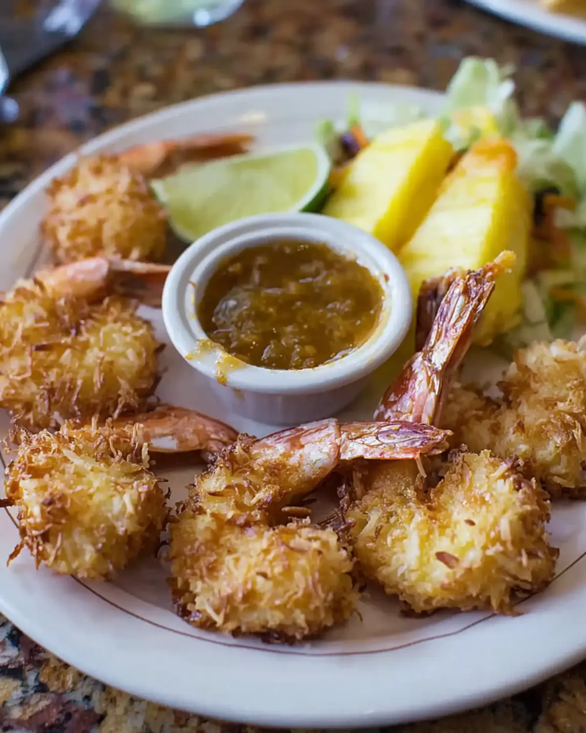 Bahama Breeze coconut shrimp served with golden dipping sauce, lime wedges, pineapple slices, and fresh greens on a white plate.