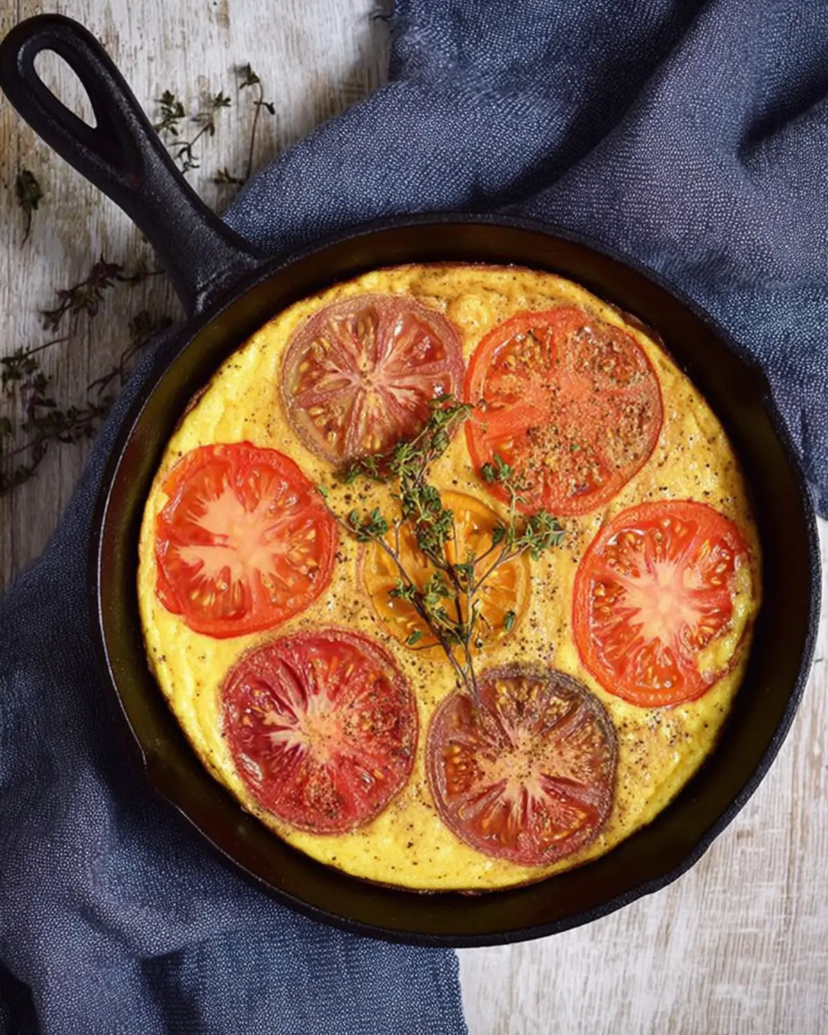 Heirloom tomato frittata cooked in a cast iron skillet, topped with colorful slices of red, yellow, and purple heirloom tomatoes and fresh herbs.