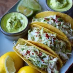 Crab meat tacos recipe served in yellow corn tortillas, filled with creamy crab slaw, garnished with herbs and red pepper flakes, and paired with lemon, lime, and avocado sauce.