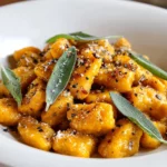 Kabocha squash gnocchi served in a white bowl, garnished with crispy sage leaves, cracked black pepper, and grated cheese.