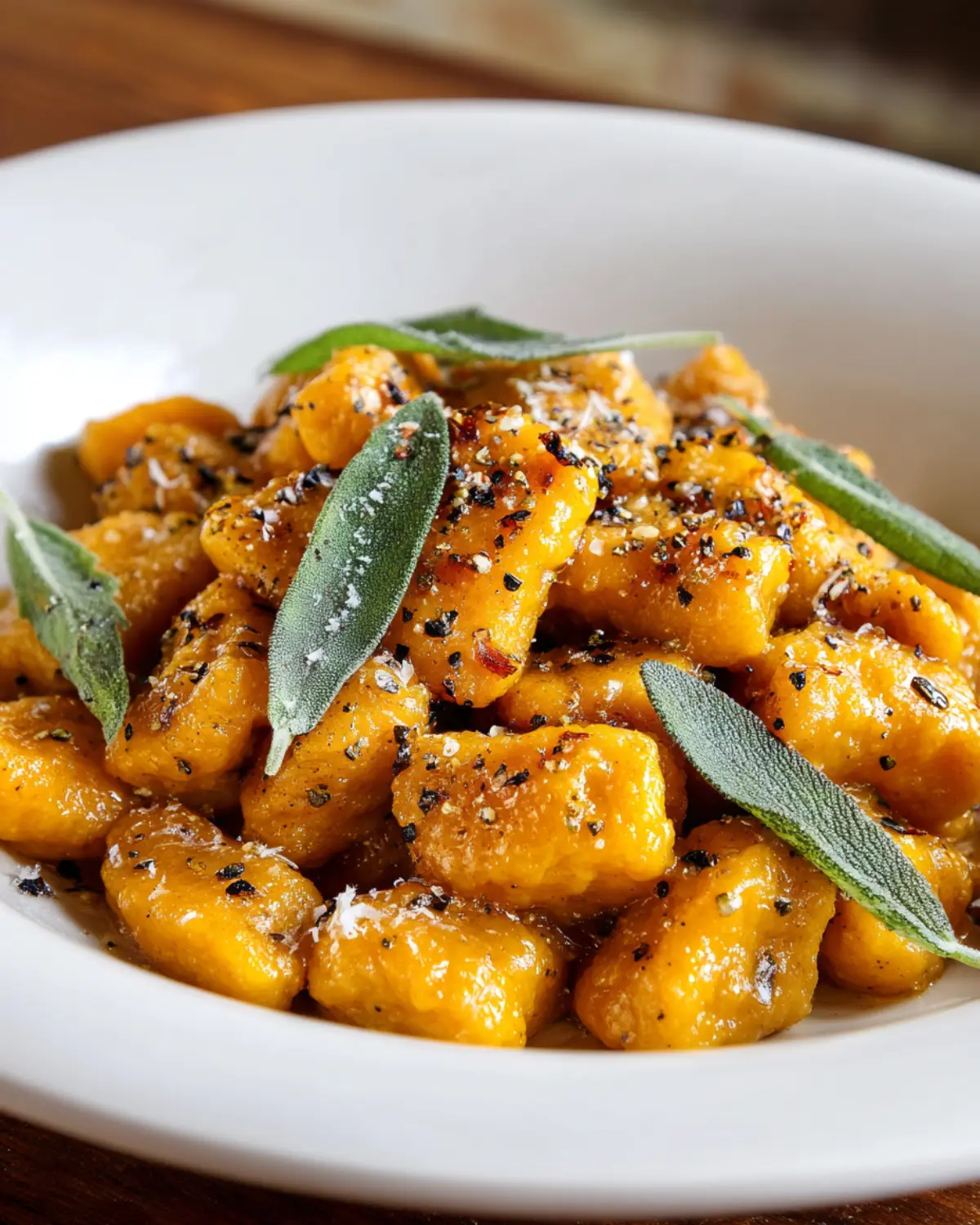 Kabocha squash gnocchi served in a white bowl, garnished with crispy sage leaves, cracked black pepper, and grated cheese.