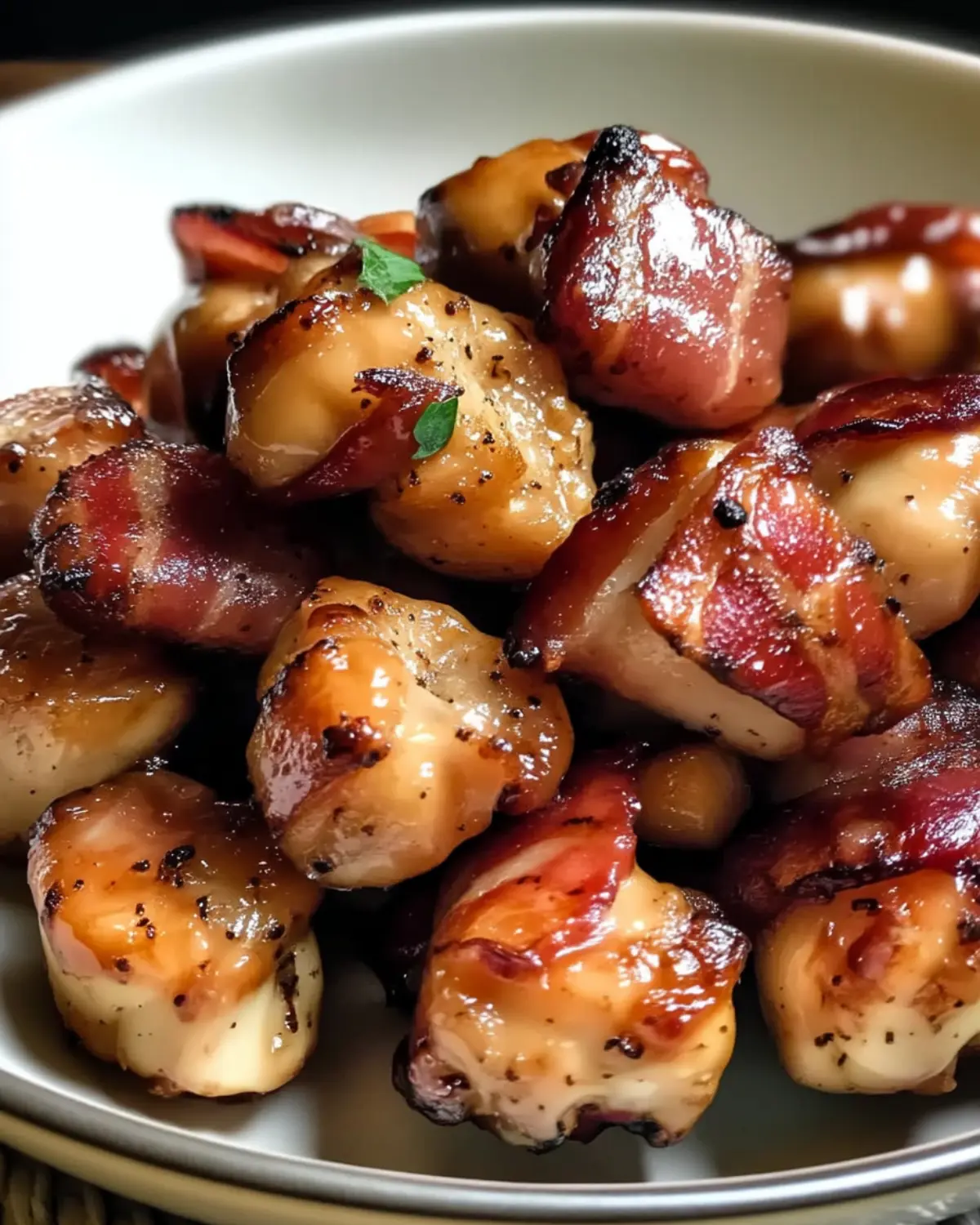Bowl of maple bacon glazed chicken bites with a glossy, caramelized coating.