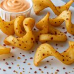 Crispy Sidewinder Fries with red pepper flakes and dipping sauce.