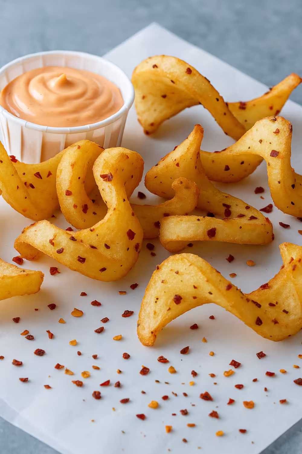 Crispy Sidewinder Fries with red pepper flakes and dipping sauce.