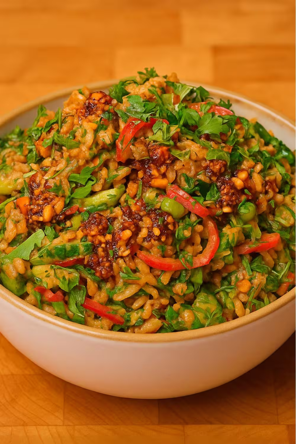Crispy Rice Salad with Peanut-Chili Dressing in a bowl