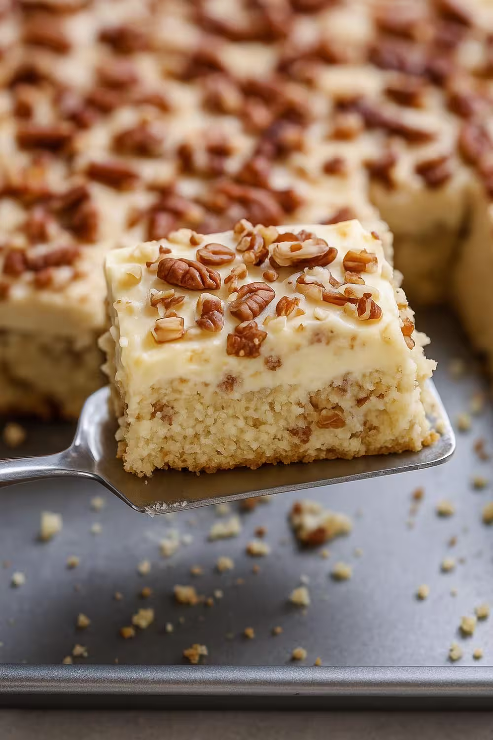 Moist Italian cream sheet cake topped with cream cheese frosting and chopped pecans.