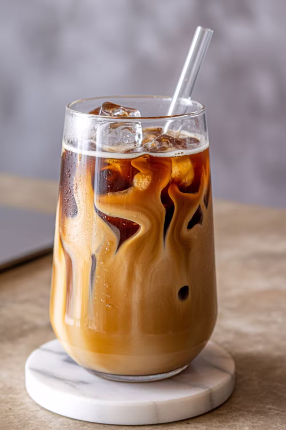 A refreshing glass of iced caramel coffee with swirls of cream and ice cubes, served with a glass straw.