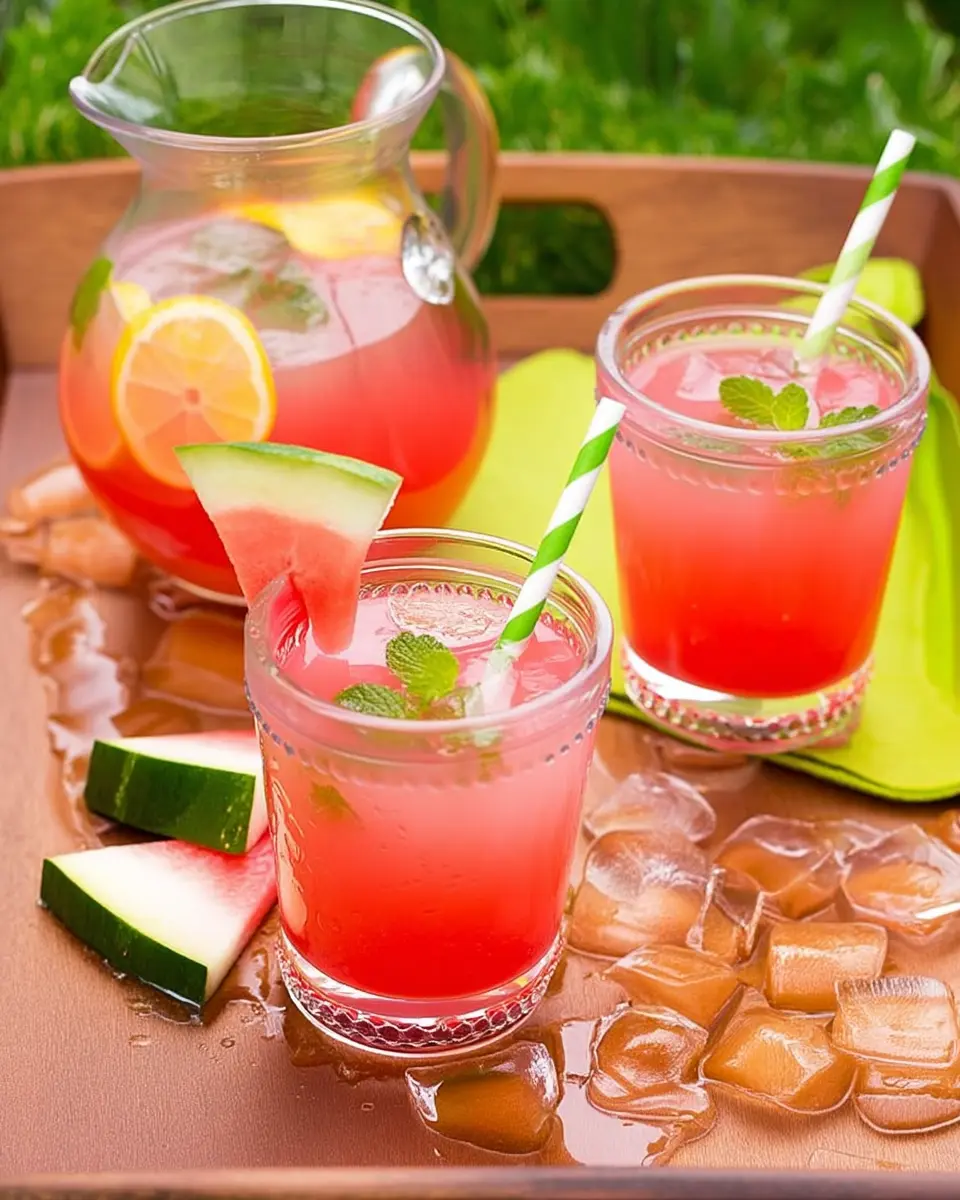 Two glasses of Watermelon Lemonade garnished with mint and watermelon slices, served on a wooden tray with a pitcher in the background.
