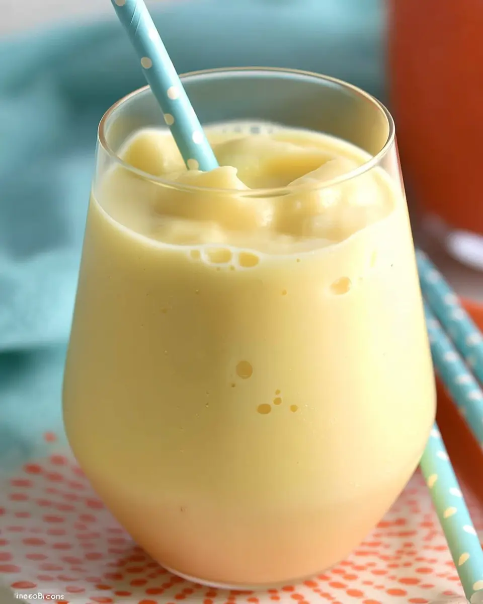 A glass of creamy yellow Creamsicle Slushy with a blue polka-dot straw on an orange plate. Title: Refreshing and Creamy Creamsicle Slushy Drink