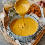 Dave's Hot Chicken Cheese Sauce being poured from a wooden spoon into a bowl.