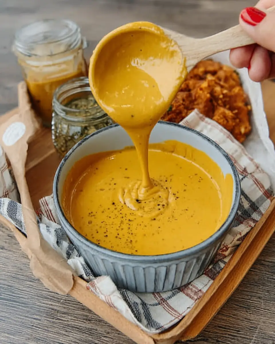 Dave's Hot Chicken Cheese Sauce being poured from a wooden spoon into a bowl.