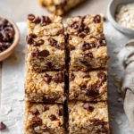 A stack of homemade Heavenly Hunks oat and chocolate chip bars on parchment paper.