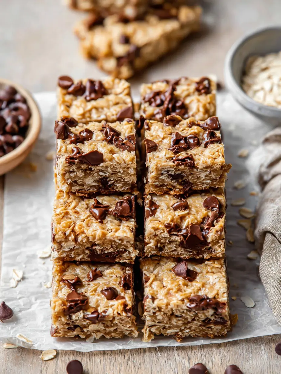 A stack of homemade Heavenly Hunks oat and chocolate chip bars on parchment paper.