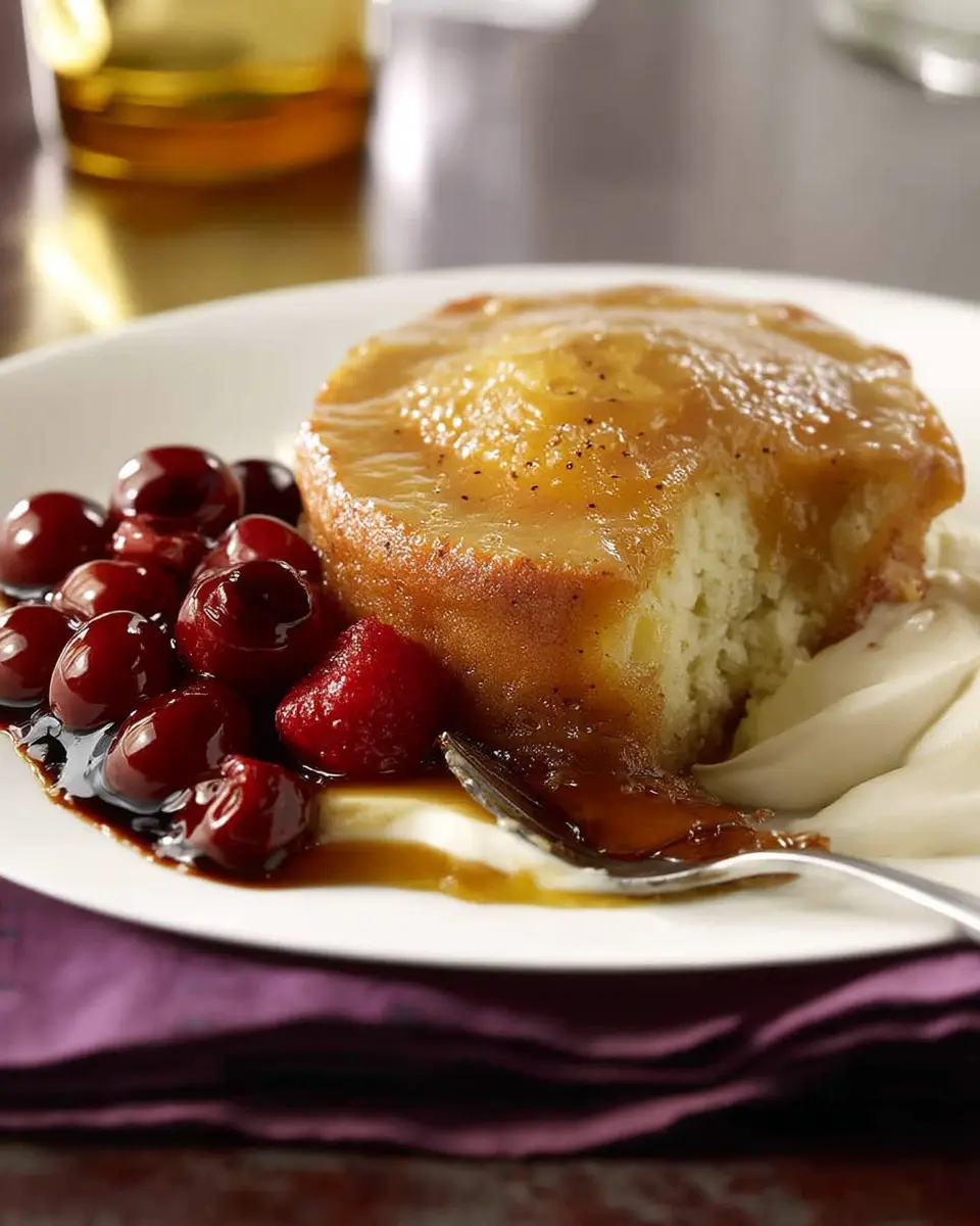 butter cake maggiano's recipe, caramel sauce, and whipped cream on a white plate.