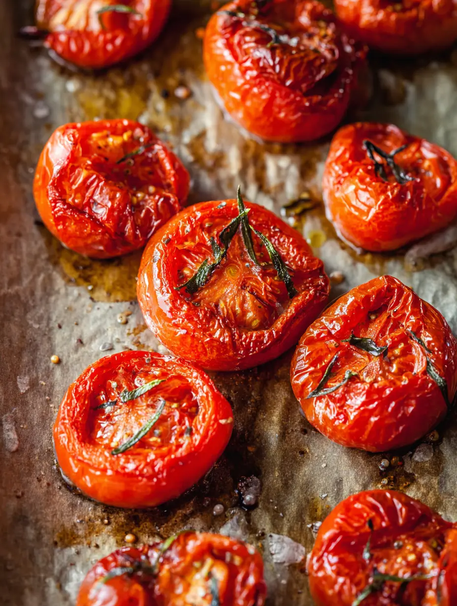 Close-up of roasted Campari tomatoes on a baking sheet, part of a delicious Campari Tomato Recipe.