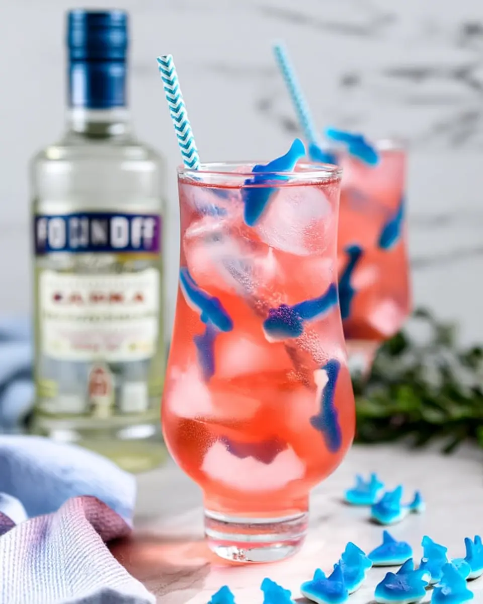 A vibrant Shark Attack Punch Cocktail garnished with gummy sharks in a tall glass filled with ice, with a bottle of vodka in the background.