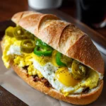 Portillo’s Pepper and Egg Sandwich with scrambled eggs, fried egg, and sliced peppers in a crusty roll.