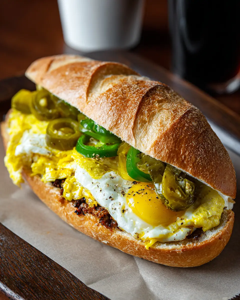 Portillo’s Pepper and Egg Sandwich with scrambled eggs, fried egg, and sliced peppers in a crusty roll.