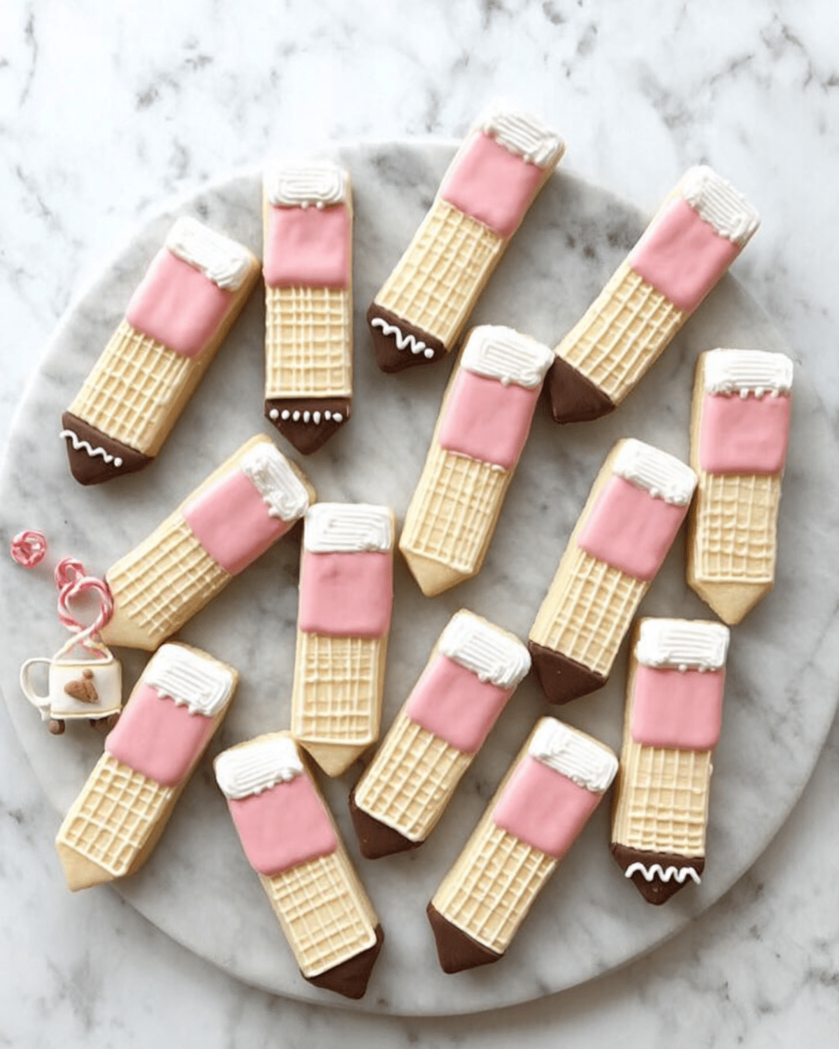 3 Ingredient Pencil Cookies made with wafer biscuits, dipped in pink, white, and chocolate icing to resemble pencils.