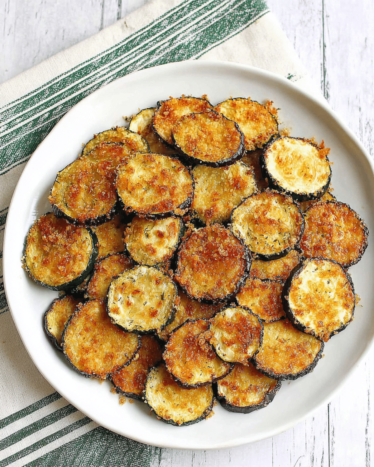 Plate of crispy baked zucchini slices coated in golden breadcrumbs.