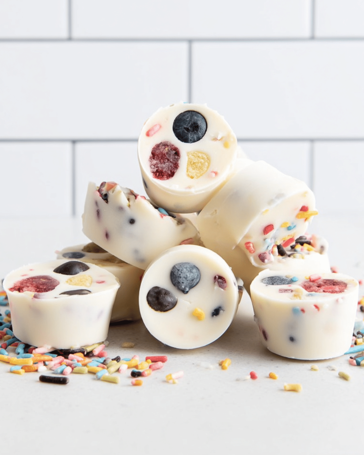 Frozen yogurt bites stacked on a white countertop, topped with colorful sprinkles and mixed berries.