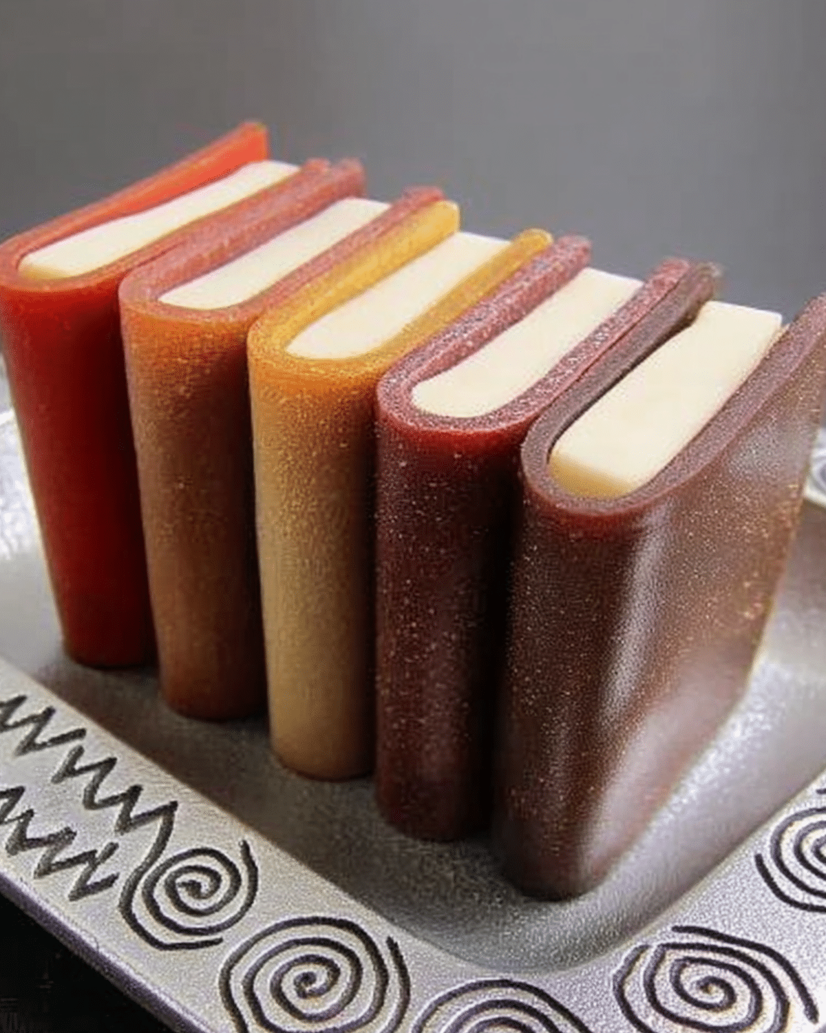 Fruit Leather Books made from colorful fruit roll-ups wrapped around white filling to resemble miniature books on a decorative silver tray.