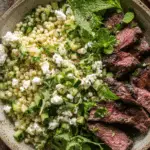 Grilled skirt steak served with lemon herb couscous salad, fresh mint, cucumbers, feta cheese, and arugula in a rustic ceramic bowl.