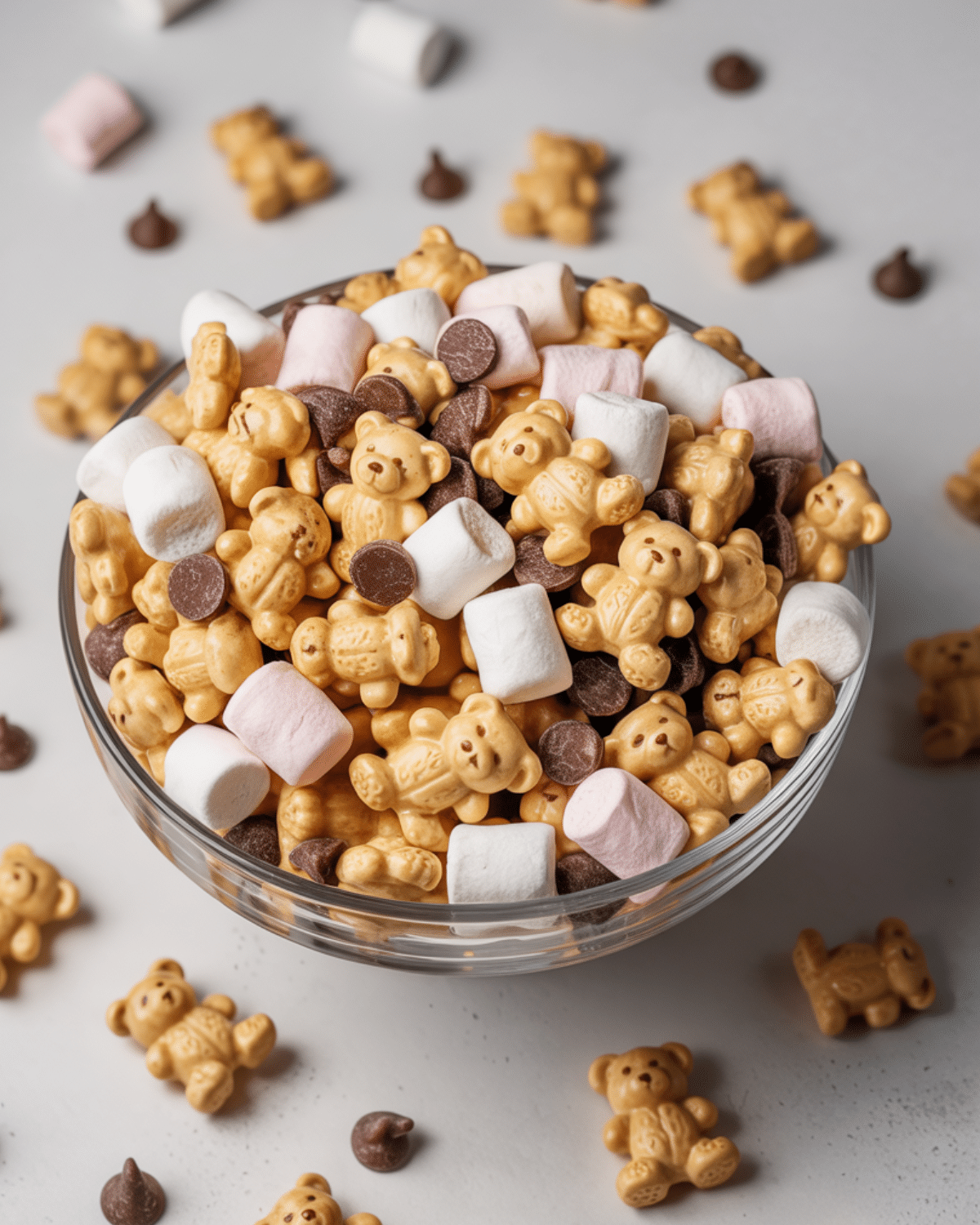 A glass bowl filled with S'mores Snack Mix featuring teddy bear cookies, chocolate chips, and mini marshmallows.