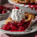 A slice of sour cherry pie with golden crust, filled with vibrant red cherries, topped with whipped cream and a cherry on a white plate.