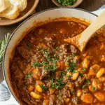 Hearty Tuscan Beef Casserole in a white Dutch oven, garnished with parsley and surrounded by bread and herbs.