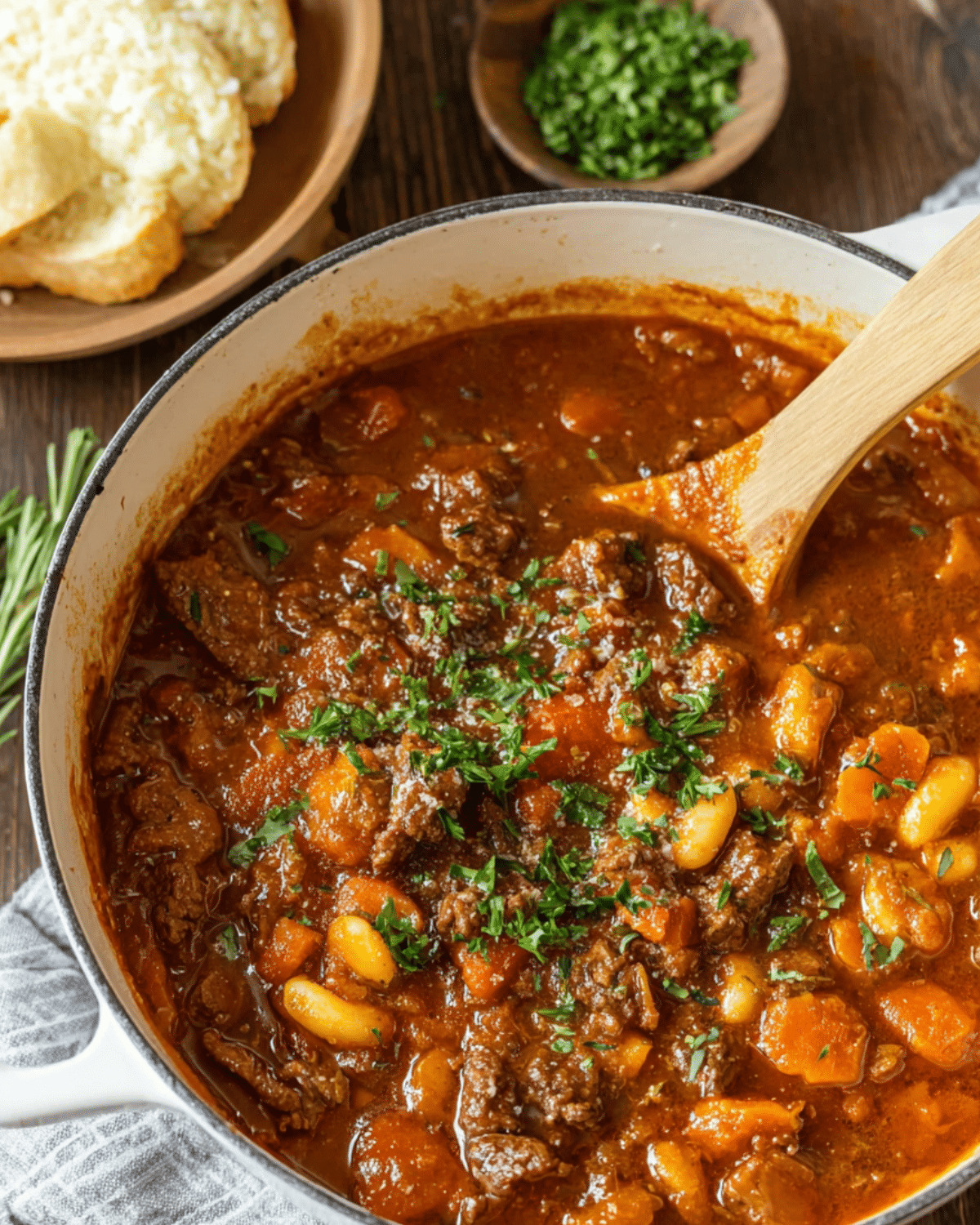Hearty Tuscan Beef Casserole in a white Dutch oven, garnished with parsley and surrounded by bread and herbs.