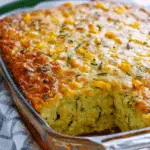 Easy zucchini cornbread casserole baked in a glass dish with golden crust and corn topping.