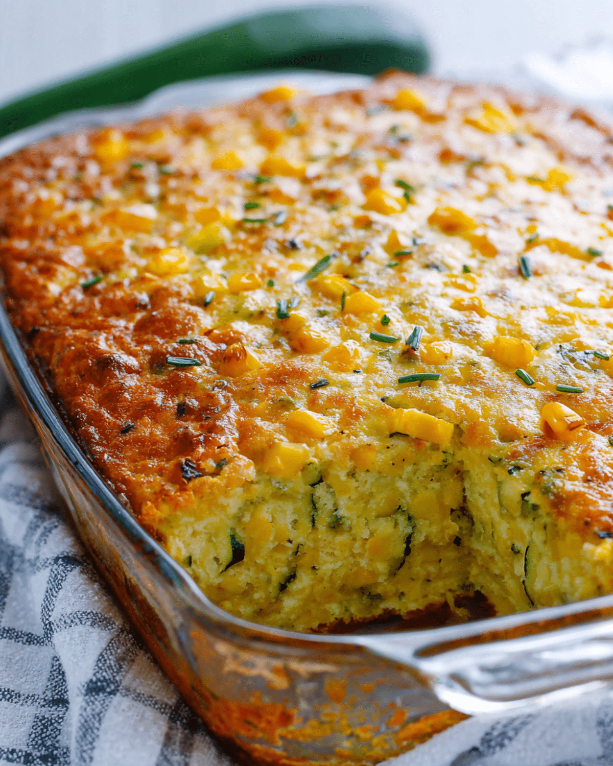 Easy zucchini cornbread casserole baked in a glass dish with golden crust and corn topping.